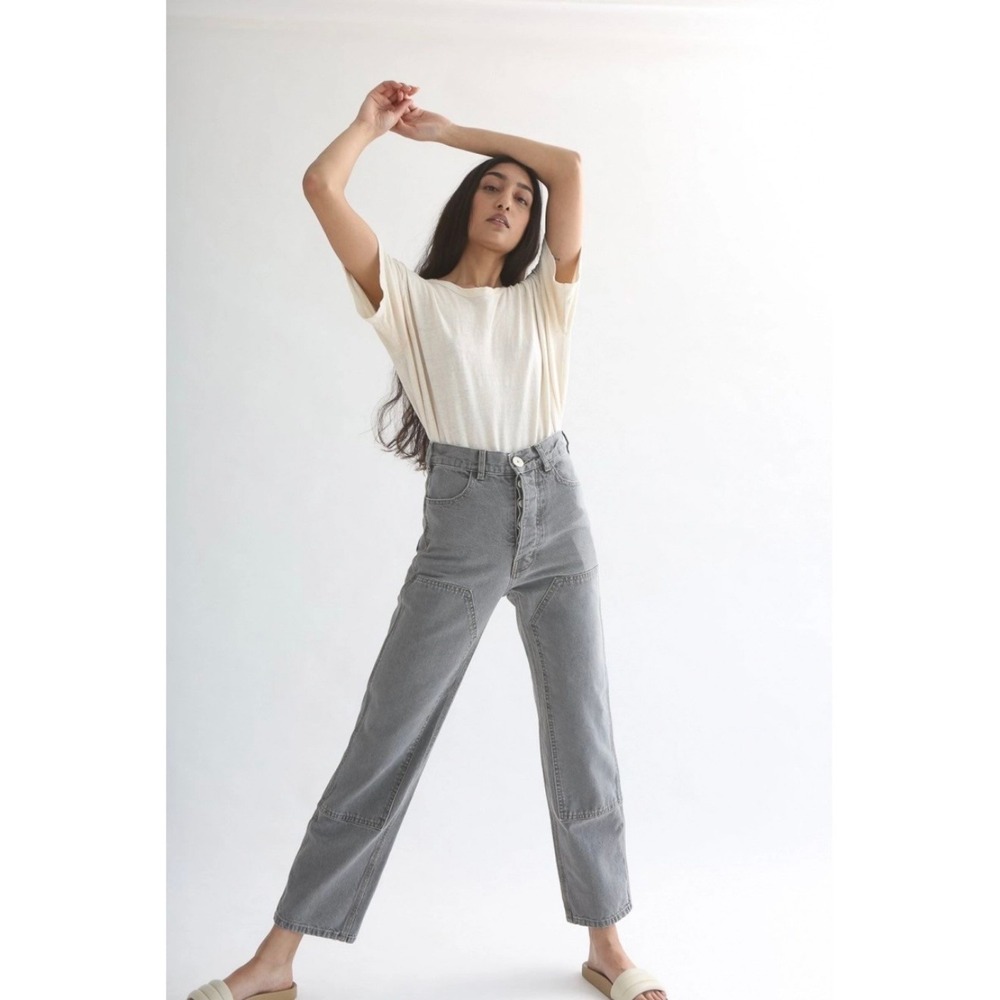 JESSE KAMM Patch Front Handy Pant Women 6 Smokey Gray Denim Straight Double Knee